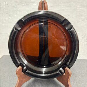 Vintage Large Cigar Amber Glass Round MCM Collectible Ashtray Circa 1960’s
